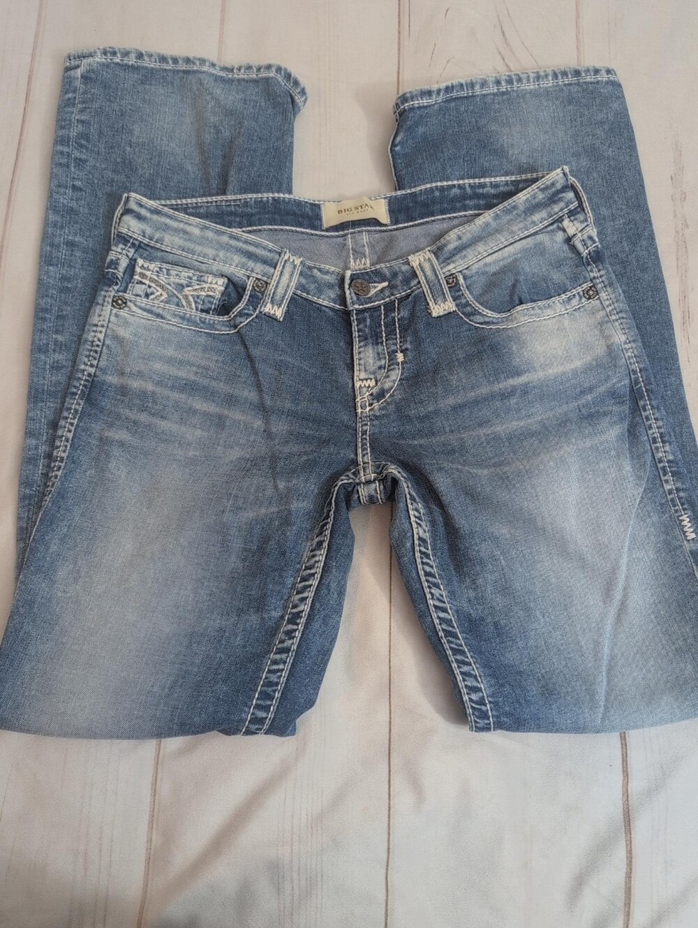 Big Star Liv Jeans Womens 28R Low Rise Bootcut Light Wash Western Embroidered